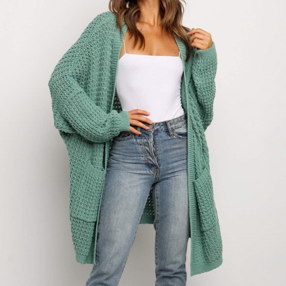Pistachio BoHo Big Pocket Open Cardigan - Picture 2 of 4